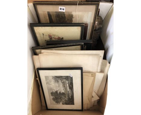 Group lot of twelve framed prints, a mirror and a quantity of loose engravings to include: Canot, after Tillemans, 'A View fr