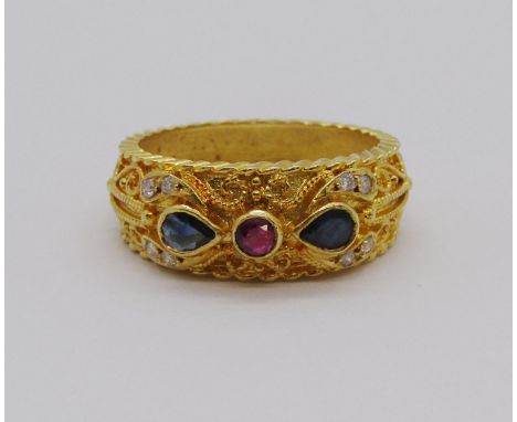 Byzantine style 18ct ruby, pear-cut sapphire and diamond ring with intricate detail to band, size O, 5.7g 