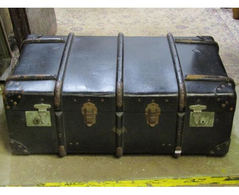 A vintage fibre, timber lathe bound and reinforced cabin trunk labelled Kelwood luggage 