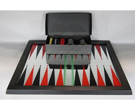 A mirrored backgammon board, 59 x 52cm, with a box of counters, shakers and 3 dice (one die missing) 