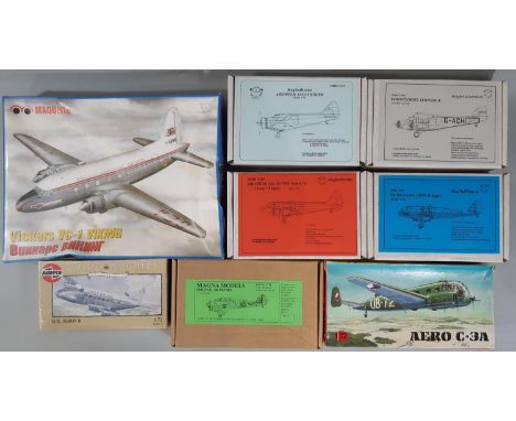 Eight model kits, all 1:72 scale models of piston transport aircraft including kits by Maquette, KP, Airfix, Rugrat Resins an