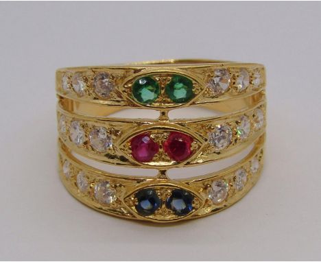 Stylised 9ct ring set with pink spinels and paste, size Q/R, 7.3g 
