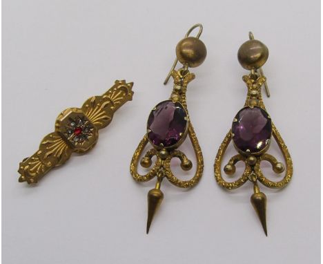 Pair of Victorian style gilt metal drop earrings set with amethyst coloured glass and a 9ct brooch (pin hinge af) (3) 