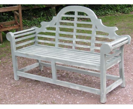 A light green painted Lutyens style hardwood three seat garden bench, 167 cm wide 