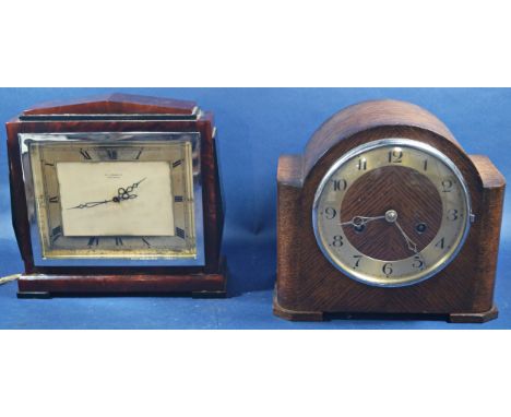 An Art Deco mantle clock in simulated tortoiseshell case with chrome bezel and rectangular dial and a further oak mantle cloc