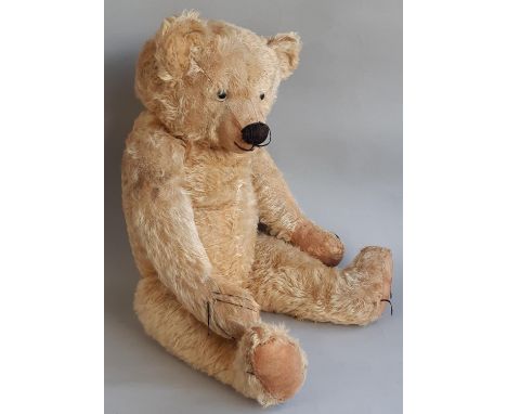 Large 1930's teddy bear by Chad Valley with jointed body, glass eyes, stitched nose, mouth and claws, pronounced long muzzle,