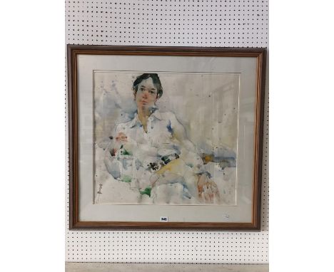 Charles Reid - Portrait of a woman sitting down (contemporary), watercolour and pencil on paper, signed indistinctly, 60 x 55