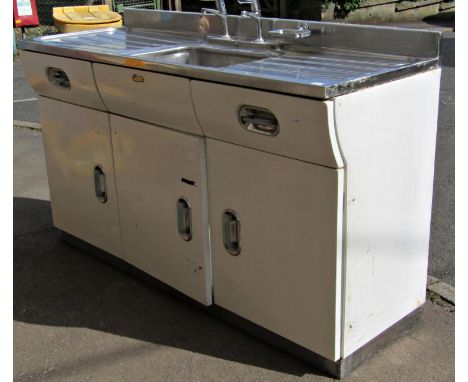 A vintage Elizabeth Rose sink unit, stainless steel basin surrounded by a double drainer with original painted aluminium base