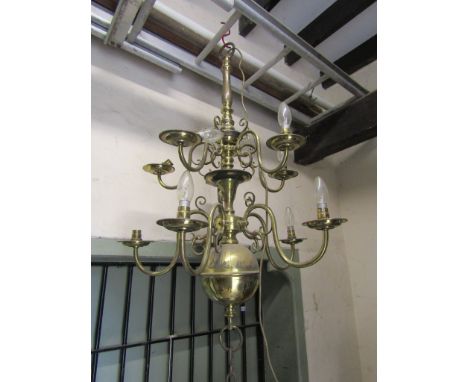 Good quality brass chandelier on two tiers supporting ten branches, 1m high, 60cm wide approx 
