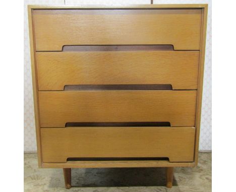 1960s Stag chest of four drawers in light oak on turned supports, 76 cm wide 