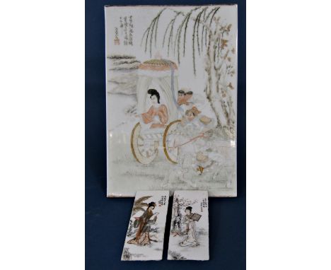 A set of three ceramic plaques each depicting an oriental scene, the largest with rickshaw and men on horseback decoration, 3