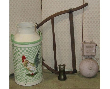 A vintage Tangent wall mounted fire bell with later painted finish, together with a Victorian bell weight, a vintage bow saw,