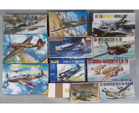 12 model kits, all 1:72 scale models of WW2 aircraft, including kits by Airfix, MPM, Academy, Revell and Magna.  All appear u