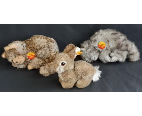 3 Steiff soft toys including 'Susi' cat 75025, Rabbit 077708 and Kitten 74899, all with pin in ear (3) 