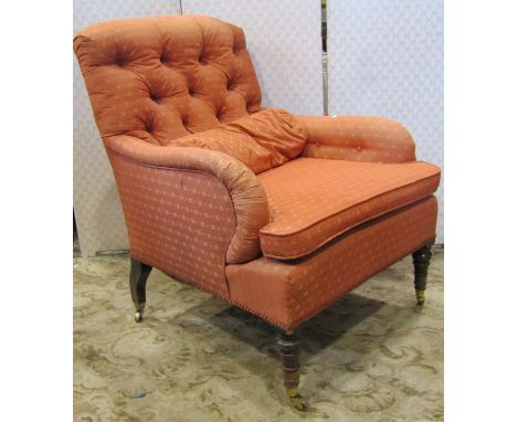 19th century mahogany drawing room chair on turned supports with later upholstered finish and button back 