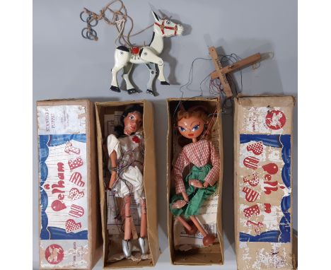 1950's Muffin the Mule puppet together with two vintage Pelham Puppets (Cowgirl and Girl) (3)