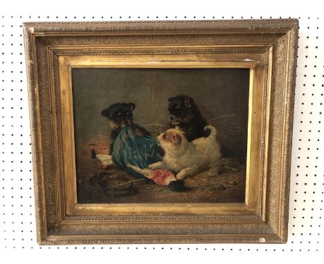 Print of three dogs on canvas over board (19th Century), 29 x 35 cm, unsigned, in ornate gilt frame with gilt slip 