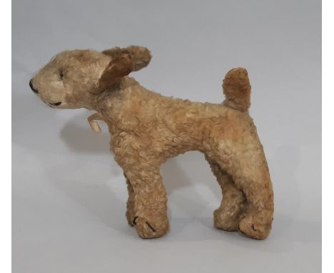 Small 1930's terrier dog by Chad Valley with glass eyes, stitched nose, mouth and claws, large ears, label attached. Height 1