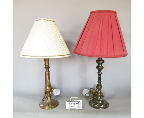 Four similar candlestick table lamps with shades and a fifth slightly different. 5 