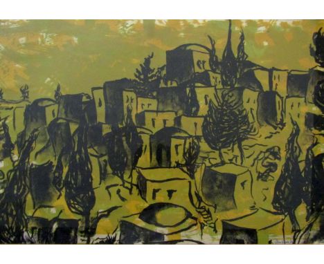 P. Layton - Study of a middle eastern style townscape, probably screen print on paper, signed Layton and inscribed Abu G..oeh