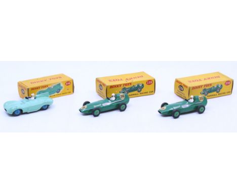 Dinky: A collection of three boxed Dinky Toys vehicles to comprise: Jaguar Type D Racing Car, 238, light blue; two examples o