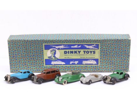 Dinky: A boxed Dinky Toys, Private Automobiles, Set No. 3, 1946-48. Very rare set in original, very good condition. Excellent