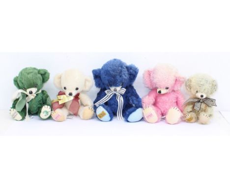 Merrythought: A collection of five Merrythought 'Cheeky' bears. Including examples in blue, green, and pink, as well as two o