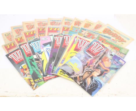 Comics: A collection of assorted vintage English comics to include: 2000 A.D., Judge Dredd, Buddy, Spike, Champ, Tiger and Sc