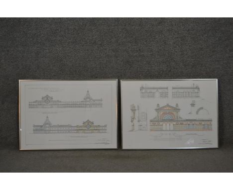Two framed and glazed prints showing architectural elevation plans for Alexandra Palace, signed in plate. H.50 W.71cm 