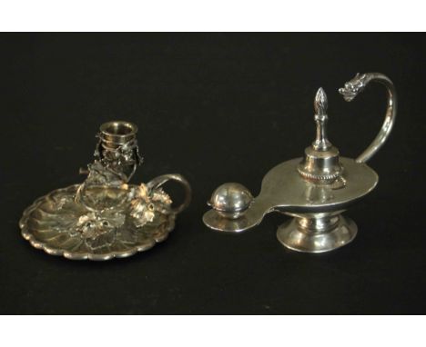 A Van Buren sterling silver table lighter in the form of an Aladdin's lamp with animal head finial to the handle along with a