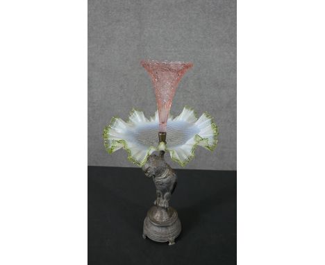 A Victorian Australian design silver plated cockatoo centre piece with ruffled opal and Vaseline glass tray and peach glass t