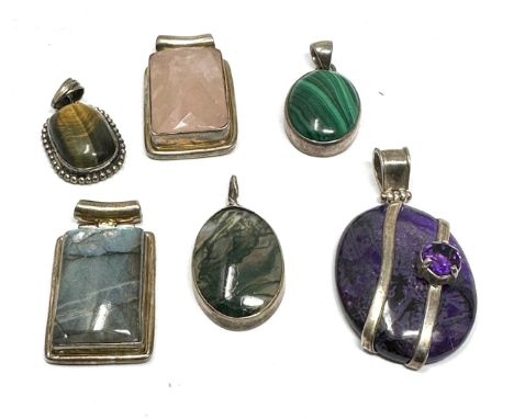 Six Silver Gemstone Pendants Including Moss Agate (84g) 