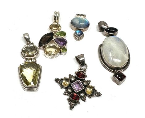 Five Silver Gemstone Set Pendants Including Moonstone (44g) 