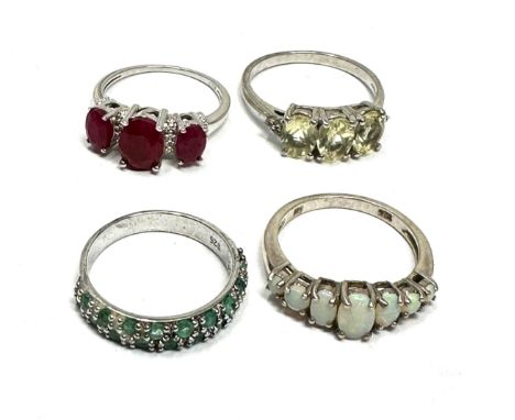 Four Silver Gemstone Set Dress Rings Including Emerald (14g) 