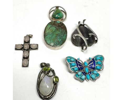 Five Silver Gemstone Pendants Including Moonstone (79g) 