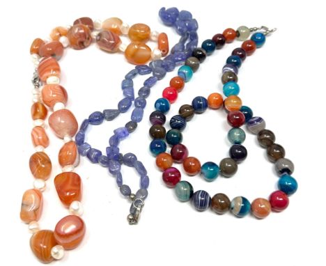 Three Silver Clasped Gemstone Bead Necklaces (220g) 