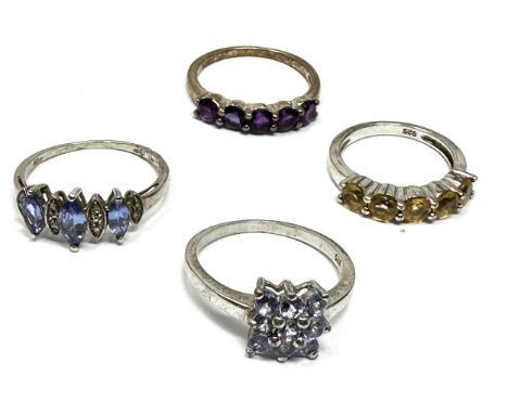 Four Silver Gemstone Set Dress Rings Including Diamond And Tanzanite (13g) 