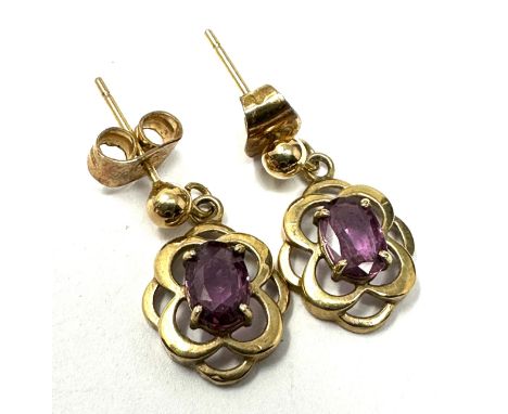 9ct gold vintage purple sapphire set drop earrings (1.5g) 