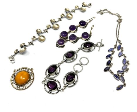 selection of vintage 925 hallmarked silver jewellery inc amber amethyst etc weight 69g 
