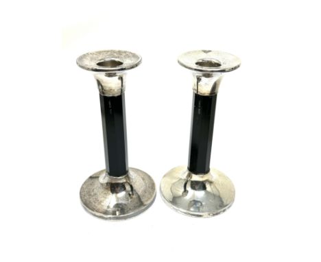 Pair of Vintage silver &amp; ebony candlesticks measure approx height 15cm chester silver hallmarks 
