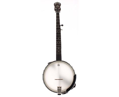 Modern Grafton left-handed five string open back banjo, with 11" skin, mother of pearl geometric inlay to the fretboard, hard