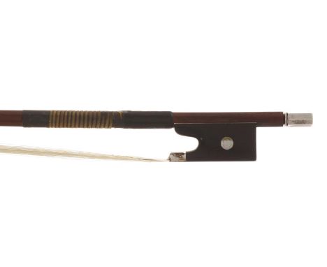 Silver mounted violin bow, unstamped, the stick octagonal, the ebony frog inlaid with pearl eyes and with a silver overlaid e