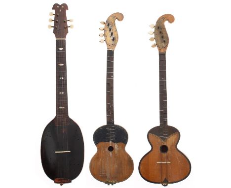 Unusual five string instrument with flat back oval banded body perforated with small sound holes, the fretboard inlaid with o
