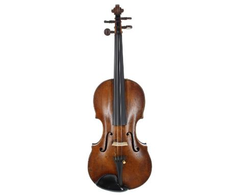 Good German violin of the Fussen School, unlabelled, the two piece back of faint broad curl with similar wood to the head, th