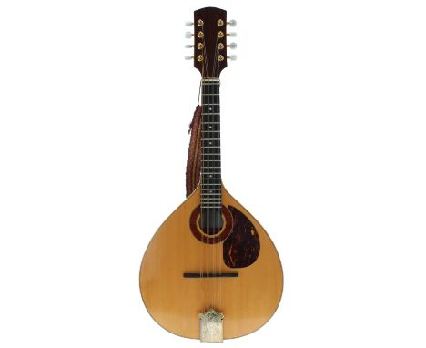 Good contemporary mandolin by and labelled Chris W. Woods, 43 Johnsdale Oxted 2000, with pear shaped body and mother of pearl