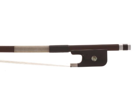 Good French silver mounted viola bow made for and stamped Emile Francais á Paris, the stick round, the ebony frog inlaid with