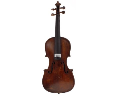 German violin labelled Josef Klotz...1792, 13 15/16", 35.40cm ;also a dismantled violin, the ribs decorated with gold text in