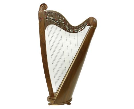 Good contemporary Teifi walnut harp, with maple sound board and bearing the Teifi Telynau Harps logo branded beneath the scro