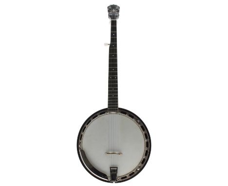 Five string anonymous banjo with mahogany banded resonator, mother of pearl dot inlay to the fretboard, 11" skin and 26.5" sc