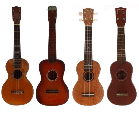 Old Hollywood ukulele in need of restoration; also three contemporary ukuleles by Stagg, Mahalo, Regal (two with soft cases) 